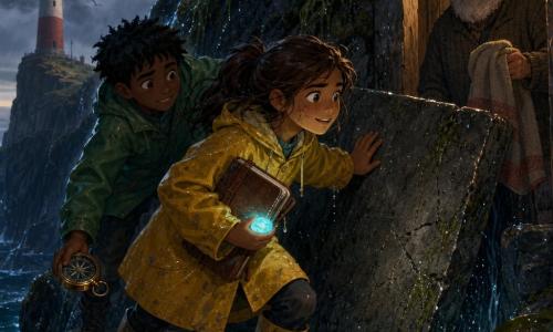 A relieved, enthusiastic 12-year-old girl with chestnut hair in a ponytail, salt-and-dirt freckled face, wearing a yellow raincoat and rubber boots, clutches a leather notebook and a small bluish glowing stone; an exhausted but happy ~11-year-old boy with messy black hair and a green coat, standing just behind her on the same wet rocky ledge, pushes a heavy stone slab and holds a shining brass compass; their ~70-year-old grandfather with a scruffy gray beard and worn wool jacket watches them smiling from the doorway of a small wooden shelter on the cliff; seaweed-clung rocks and sparkling droplets overlook a dark sea while a red-and-white lighthouse beam blinks twice above, the children emerging triumphant and soaking from a flooded cave as the glowing stone lights their faces.