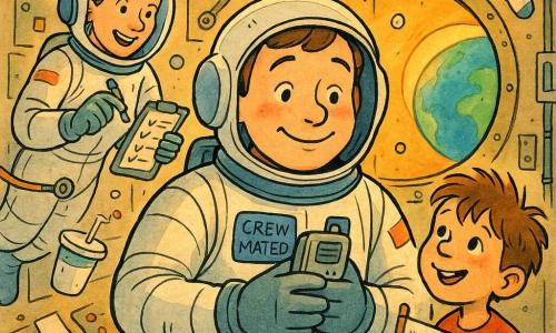 A smiling, awed astronaut named Mateo with a round face, small dimple and short brown hair visible under a partially open helmet, wearing a white spacesuit with a blue "CREW — MATEO" patch and holding a small silver audio recorder to his chest; a joyful adult female colleague (≈30) with her hair in a bun floats behind him left holding an inspection panel and reaching to point at a screw; a ~7-year-old boy with a missing front tooth and messy hair stands slightly back right admiring him while holding a homemade hand-drawn flag; inside a bright, compact space station with light beige metal walls, colorful cables and instruments, a round window showing blue-green Earth, and a few floating items (sealed cup, sock); Mateo has just landed and is recording his audio log in a warm, collaborative scene with friendly gestures, small air bubbles and papers drifting and soft sunset light through the window; style: colored ink, clean lines, vivid contrasting colors, watercolor shadow textures, composition centered on the astronaut with depth toward the window.