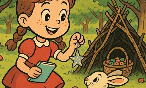 An 8-year-old girl, enthusiastic and curious, round face with freckles, light brown hair in two braids and large bright eyes, smiles while holding a small sketchbook in one hand and a silver star on a string in the other; a fluffy cream rabbit with gray patches, a pink nose and large mobile ears looks at her beside a twig-built fort. The setting is a tender-green orchard with rows of apple trees, textured trunks and leaves filtering golden light, the ground scattered with fallen apples and a dirt path strewn with colorful buttons. Main scene: the girl discovers a small fort of branches containing a basket overflowing with multicolored buttons as the curious rabbit emerges; joyful, luminous atmosphere with crisp graphic details like shiny buttons, a wicker basket and interwoven twigs.