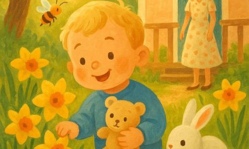 A calm, bright spring scene: a 2-year-old boy with a round face, rosy cheeks and little blonde locks, smiling in wonder as he holds a beige teddy and touches a daffodil petal; his mother, about 30, hair in a bun and wearing a light floral dress, stands on a small back porch smiling at him; a small white rabbit with black eyes hops near the flowers while a yellow-and-black striped bee with translucent wings hovers above the daffodils; the garden has vivid yellow daffodils, fresh green grass, a soft dirt path and a warm sunbeam through a tree, rendered in soft colors with visible gouache textures, simple rounded shapes and a comforting, childlike mood.