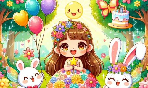 Uma menina de 4 anos, com longos cabelos castanhos e olhos brilhantes de alegria, está no centro da imagem. Ela usa um vestido colorido decorado com flores e segura um balão em forma de estrela, seu rosto radiante de excitação e felicidade. Ao seu lado, uma pequena fada com asas cintilantes, cabelos dourados e um vestido feito de pétalas de flores, sorri desejando-lhe um feliz aniversário. Um coelhinho branco travesso, com grandes orelhas e uma gravata borboleta vermelha, pula alegremente ao lado delas, segurando um pequeno bolo em forma de nuvem. O cenário é um lindo jardim cheio de flores multicoloridas, com árvores majestosas e raios de sol filtrando pelas folhas, criando uma atmosfera mágica. Ao fundo, um bosque cintilante parece convidar à aventura. A cena principal mostra a menina cercada por seus amigos, celebrando seu aniversário com risadas, canções e alegria, enquanto corações coloridos flutuam no ar, simbolizando o amor e a amizade que os une.