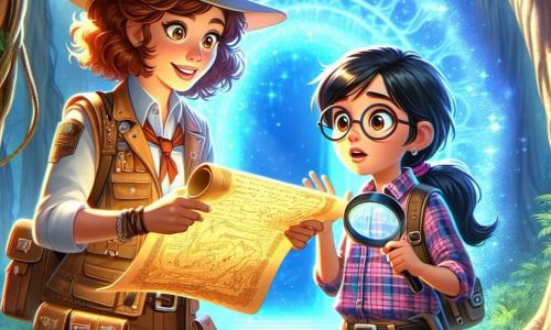 Lara, uma jovem com cabelos castanhos cacheados e olhos cheios de curiosidade, está diante de um portal mágico cintilante, seu rosto iluminado pela excitação. Ela usa um colete de aventureira cheio de bolsos e um chapéu de safári, segurando um mapa antigo com as mãos trêmulas de antecipação. Ao seu lado, Bianca, uma mulher de cerca de trinta anos com óculos redondos e cabelo preto preso em um rabo de cavalo, examina atentamente o pergaminho com uma lupa, com uma expressão concentrada. Ela está vestida com uma camisa xadrez e calças cargo, pronta para explorar. O cenário é uma floresta encantada, com árvores de troncos tortuosos e folhas verdes vibrantes, enquanto raios de luz filtram através da folhagem, iluminando o chão coberto de flores coloridas e cogumelos estranhos. A cena mostra Lara e Bianca prontas para atravessar o portal mágico, cercadas por uma atmosfera de aventura e mistério, com brilhos cintilantes emanando do portal, sugerindo mundos desconhecidos a serem explorados.