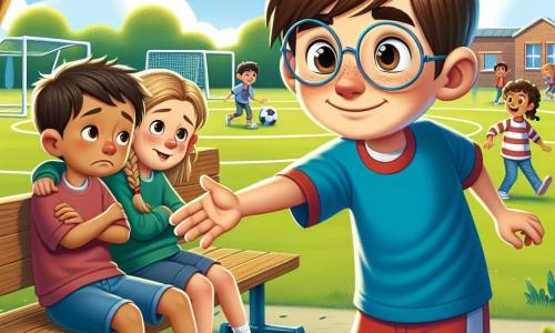 Um garoto de 10 anos, Lucas, com cabelo castanho e óculos redondos, está no centro da imagem, exibindo uma expressão determinada, mas amigável. Ele usa uma camiseta azul e um short vermelho, e estende a mão para outro garoto, Miguel, que tem cabelo castanho e um olhar triste, sentado em um banco. Miguel, também de 10 anos, usa um moletom verde e jeans. Ao lado deles, Sofia, uma menina de 10 anos com cabelo loiro trançado e um sorriso encorajador, os observa com bondade, de braços cruzados. A cena ocorre em um pátio escolar ensolarado, cercado por grandes árvores com folhas verdes, com crianças brincando ao longe. Ao fundo, vê-se um gol de futebol e brinquedos coloridos. A situação principal mostra Lucas estendendo a mão para Miguel, convidando-o a se juntar a ele e a Sofia para jogar futebol, simbolizando a amizade e o apoio diante do bullying.