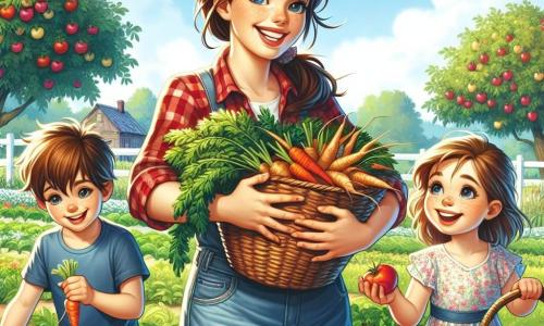 Eine lächelnde und lebhafte Bäuerin, Anna, steht inmitten eines grünen Feldes, gekleidet in ein rot kariertes Hemd und Jeans. Ihre braunen Haare sind zu einem Pferdeschwanz gebunden, und sie hält einen großen Korb voller frischer Gemüse wie Karotten und Tomaten, die sie stolz den Kindern zeigt. Neben ihr zieht Timmy, ein 8-jähriger Junge mit zerzausten Haaren und einem blauen T-Shirt, begeistert eine Karotte aus dem Boden, sein Gesicht strahlt vor Freude. Etwas weiter hält Mia, ein 7-jähriges Mädchen mit Sommersprossen und einem Blumenkleid, einen Korb voller Äpfel und ist fasziniert von den Früchten, die sie gepflückt hat. Der Ort ist ein charmantes, sonniges Obstgarten, wo Obstbäume mit roten und goldenen Äpfeln im Hintergrund stehen und bunte Gemüsebeete sich bis zum Horizont erstrecken, unter einem blauen Himmel mit flauschigen weißen Wolken. Die Hauptsituation zeigt Anna, die den Kindern beibringt, wie man Gemüse und Obst erntet, während die Sonne auf ihre fröhlichen Gesichter scheint und eine Atmosphäre des Glücks und der Entdeckung in dieser ländlichen Umgebung schafft.