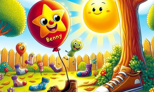 A small red balloon named Benny, with a shiny yellow star on its side, joyfully bounces in a sunny park, its face beaming with happiness and enthusiasm. Nearby, an old worn-out brown shoe with a friendly smile admires Benny, feeling comforted by its presence. A group of colorful socks with various patterns play hide-and-seek behind a tree, their faces expressing joy and excitement. The setting is a lush park, with majestic trees, vibrant flowers, and a shady spot where golden leaves accumulate, creating a warm and welcoming atmosphere. The main scene shows Benny organizing a day of games and laughter for its new friends, bringing light and happiness to a once sad and lonely corner of the park.