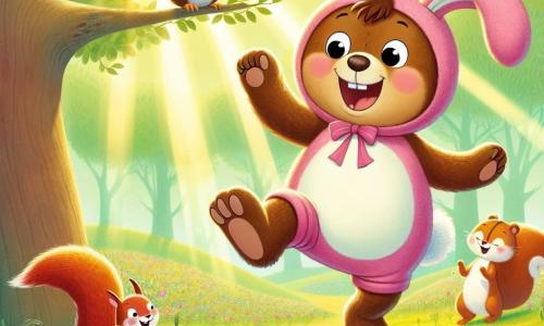 Benny, a fun and mischievous brown bear, is wearing an oversized pink and white rabbit costume with drooping ears. He has a big smile on his face, his eyes sparkling with mischief, and he is joyfully hopping in a sunny clearing surrounded by colorful flowers. Sally, an agile red-furred squirrel, is perched on a branch just above Benny, laughing heartily with a paw over her mouth, her eyes shining with joy. Oliver, a wise brown-feathered owl, is sitting on a tree branch, watching the scene with an amused smile, his glasses slightly slipping down his nose. The scene takes place in a bright clearing where sunlight filters through the leaves, illuminating the wildflowers dancing in the breeze. The ground is covered with soft green grass, and rays of light create golden patterns on the ground. Benny, dressed as a rabbit, performs a hilarious dance, causing his friends to burst into laughter, while a group of curious deer approaches, intrigued by the comedic spectacle unfolding before them.
