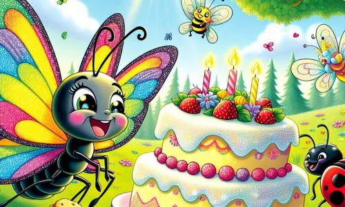 Ein kleiner Schmetterling mit bunten, regenbogenartigen Flügeln fliegt fröhlich über einen großen Picknicktisch, ein breites Lächeln auf seinem Gesicht, umgeben von strahlenden Blumen. Neben ihm schaut eine kleine Ameise mit einem schwarzen Körper und funkelnden Augen gespannt auf die wunderschöne Geburtstagstorte, ihre Antennen vor Aufregung zucken. Ein fröhlicher roter Marienkäfer mit schwarzen Punkten sitzt auf einem Blatt und genießt einen Keks, seine Augen strahlen vor Glück, während eine Libelle mit durchsichtigen, schimmernden Flügeln in der Luft tanzt und Musik zur Feier bringt. Der Ort ist ein blühender Park, durchflutet von goldenem Licht, mit majestätischen Bäumen, bunten Blumen und einer sanften Brise, die die Blütenblätter zum Tanzen bringt. Die Hauptsituation zeigt den Moment, in dem sich alle Freunde versammeln, um den Geburtstag des kleinen Schmetterlings zu feiern, lachend und tanzend um eine bunte Torte, was eine Atmosphäre von Freude und Freundschaft schafft.