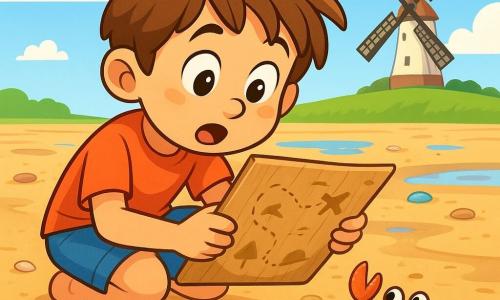 Een jonge jongen genaamd Bram, ongeveer 8 jaar, met rommelig kastanjebruin haar en nieuwsgierige sprankelende ogen, zit op de natte zandgrond met een houten kaart in zijn handen. Zijn gezicht straalt verwondering en opwinding uit terwijl hij aandachtig naar de plooien van het zand kijkt. Dichtbij komt een klein krabbetje met glanzende scharen voorzichtig dichterbij, wat leven aan de scène toevoegt. De locatie is een uitgestrekt zandbank bij laag water, bezaaid met kleine plassen die de heldere blauwe lucht reflecteren, en kleurrijke schelpen die hier en daar verspreid liggen. In de verte is een groene dijk zichtbaar, met een oude molen die langzaam draait in de wind. De belangrijkste situatie toont Bram die volop aan het verkennen is, gefascineerd door de schoonheid van de natuur om hem heen en vastbesloten om de geheimen van zijn kaart te begrijpen.
