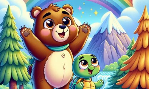 Bruno, un oso pardo de grandes ojos redondos y pelaje suave, está de pie en una montaña, con los brazos levantados en señal de alegría y una gran sonrisa en su rostro. A su lado, Tina, una tortuga verde con un caparazón colorido y ojos brillantes, mira al cielo maravillada, con sus patas delanteras levantadas en señal de emoción. El paisaje es encantador: árboles majestuosos con hojas doradas rodean la montaña, y un cielo azul brillante está adornado con un arcoíris resplandeciente que se extiende majestuosamente sobre ellos. Bruno y Tina, amigos valientes, contemplan el magnífico arcoíris, soñando con tocar sus colores mágicos, ilustrando así su espíritu de aventura y amistad.