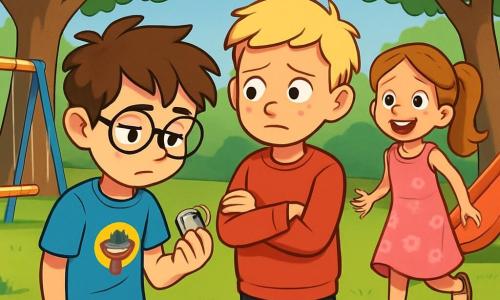 Es gibt 3 Charaktere: Max: ein 10-jähriger Junge mit zerzausten braunen Haaren und runden Brillen. Er trägt ein blaues T-Shirt mit einem Superheldenmotiv und eine Jeansshorts. Er steht links und hält einen kleinen silbernen Glücksbringer in der Hand, nachdenklich. Ben: ein 10-jähriger Junge mit blonden Haaren und Sommersprossen. Er trägt einen roten Pullover und schwarze Hosen. Er steht rechts von Max, mit verschränkten Armen und einem besorgten Gesichtsausdruck. Mia: ein 9-jähriges Mädchen mit langen, gewellten Haaren, die zu einem Pferdeschwanz gebunden sind. Sie trägt ein rosa Blumenkleid und Sandalen. Sie steht etwas weiter hinten, lächelt und ihre Augen funkeln vor Aufregung beim Anblick des Glücksbringers. Der Ort ist der Schulhof, ein sonniger Bereich umgeben von großen, grünen Bäumen. Der Boden ist mit frischem, grünem Gras bedeckt, und Spiele wie Schaukeln und eine bunte Rutsche sind im Hintergrund sichtbar. Die Hauptsituation zeigt Max und Ben, die neugierig und zögerlich auf den Glücksbringer schauen, während Mia mit einem strahlenden Lächeln auf sie zukommt, bereit, ihr wertvolles verlorenes Objekt zurückzuholen. Die Atmosphäre ist voller Vorfreude und Kameradschaft, mit Sonnenstrahlen, die die Szene erhellen.