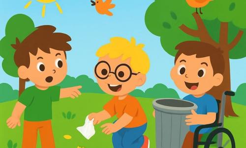 Er zijn 3 personages: - Sam: een 8-jarig jongen met rommelig bruin haar en een groene t-shirt. Hij staat rechtop en wijst naar een chipszak op de grond. - Tijn: een 7-jarig jongen met blond haar en ronde bril. Hij zit op de grond en raapt een stuk plastic op met een grote glimlach. - Bram: een 9-jarig jongen in een rolstoel, met kastanjebruin haar en een blauwe t-shirt. Hij zit en houdt een grote vuilnisbak vast, klaar om zijn vrienden te helpen. De locatie is een mooi park, vol met kleurrijke bloemen, groene bomen en zingende vogels. De zon schijnt in een heldere blauwe lucht, en het gras is felgroen, maar er ligt afval op de grond. De belangrijkste situatie toont de drie vrienden die samen het park schoonmaken. Sam wijst naar een afval, Tijn raapt enthousiast op en Bram moedigt zijn vrienden aan met een grote glimlach, allemaal vastbesloten om hun omgeving schoner en mooier te maken.