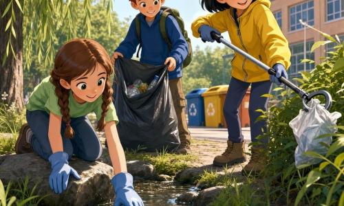Drei Kinder am Ufer eines kleinen städtischen Bachs am Morgen: links ein etwa 10-jähriges Mädchen mit hellbraunen Zöpfen, hellgrünem T‑Shirt und blauen Gart Handschuhen, kniend auf einem kleinen Stein, eine Plastikflasche greifend; rechts ein etwa 10-jähriges Mädchen mit kurzem schwarzen Haar, leuchtend gelber Jacke und einer großen Metallzange wie ein Zauberstab, stehend auf dem Weg, eine Plastiktüte aus dem Gebüsch fangend; etwas dahinter ein etwa 9-jähriger rothaariger Junge mit blauem Pullover und Rucksack, der geöffnete Müllsäcke zu den Mädchen hält; Kies, nasses grünes Gras, hängende Weidenzweige, vereinzelt Zigarettenstummel und Papier, klares Wasser, Spiegelung blassen Himmels, im Hintergrund ein Schulhof mit bunten Containern (blau, gelb, braun); Szene: die Kinder sammeln und trennen Müll — dynamische Bewegung, entschlossene lächelnde Mienen, füllende Säcke, knallende Zange, Sonnenfunkeln auf dem Wasser, Tropfen an den Handschuhen, optimistische, saubere Stimmung mit gesättigten Farben, klaren Kontrasten und Cel‑Shading‑Schatten.