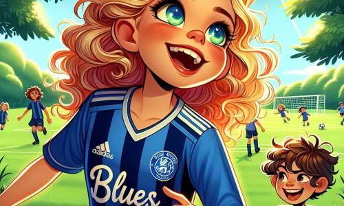 In the foreground, Mia, a young woman with curly golden hair, is full of energy and determination. She wears a blue soccer jersey with "Blues" on the back, her radiant smile lighting up her face as she dribbles a soccer ball on the field. Her eyes shine with excitement, reflecting her passion for the game. Next to her, Oliver, an 8-year-old boy with messy hair and a striped t-shirt, watches her with admiration. He sits on the edge of the field, legs crossed, hands on his knees, enthusiastically applauding each of Mia's moves. The setting is a green park, with a soccer field surrounded by majestic trees. The sun shines high in the sky, casting soft shadows on the freshly mown grass, while children play in the background, creating a joyful and lively atmosphere. The main scene shows Mia in action, executing an impressive dribble with the ball, while Oliver cheers her on with joyful shouts. This scene captures the spirit of camaraderie and passion for soccer, illustrating Mia's dream of becoming a great player.