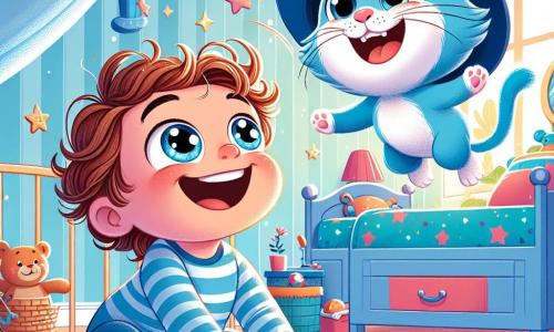 Un niño pequeño de 1 año, con grandes ojos brillantes y cabello rizado, está acostado en su cama, con una amplia sonrisa en el rostro, maravillado por un gato azul con un sombrero de copa que flota alegremente a su alrededor. El gato azul, con un pelaje brillante y ojos traviesos, está haciendo piruetas en el aire, añadiendo un toque de magia a la escena. La habitación de Tomás es colorida y acogedora, con paredes pintadas de azul cielo, juguetes esparcidos por el suelo y estrellas brillantes colgadas del techo, creando una atmósfera de cuento de hadas. En esta situación principal, Tomás descubre con alegría que puede volar como un pájaro gracias a su nuevo amigo, el gato azul, que lo anima a elevarse en un mundo de sueños.