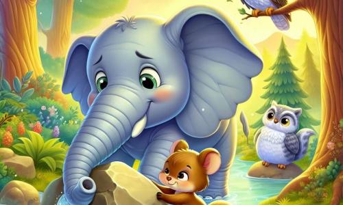 Um elefante chamado Eloy, com grandes orelhas caídas e uma pele cinza macia, está à beira de um lago mágico, com um olhar determinado e alegre. Ele usa sua tromba para empurrar uma grande pedra que bloqueia o fluxo de água, mostrando sua força e determinação. Ao seu lado, um pequeno esquilo chamado Pip, com pelagem marrom e olhos brilhantes de preocupação, observa com esperança, pronto para encorajar seu amigo. Ao fundo, uma sábia coruja chamada Luna, com penas brancas e olhos redondos, pousa em um galho, observando a cena com um ar de sabedoria. O cenário é uma floresta encantada, banhada por luz dourada, com majestosas árvores de folhas verdes brilhantes e flores coloridas ao redor do lago, cuja água começa a brilhar novamente. A situação principal mostra Eloy, com a ajuda de seus amigos, restaurando a magia do lago ao mover a pedra, simbolizando a unidade e a força da amizade.