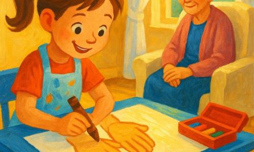 A smiling, focused young woman with brown hair in a ponytail, wearing a light blue paint-stained apron, sits at a small blue table drawing the elderly grandmother’s hands with a thick brown pencil on a large white sheet; the calm, tender grandmother (about 70) with gray hair in a bun and soft wrinkles sits in a cream armchair by the window with her hands on her knees, slightly turned toward the artist. The sunny room has light wooden floors, sheer white curtains and a red pencil box on the table; golden light through the window creates warm reflections on the paper. The scene emphasizes the young woman carefully sketching the grandmother’s hands with bold strokes, vivid colors and thick paint textures, conveying a gentle, attentive atmosphere of pride and family love.