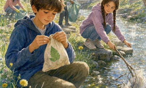 Ragazzo di 12 anni al centro, viso rotondo, frangia bruna un po' spettinata, espressione meravigliata e serena, tiene delicatamente un sacchetto di stoffa ricollando sopra un foglio di carta, ragazza di circa 12 anni a destra con due trecce brune, sorriso malizioso e sguardo attento, accovacciata sulla riva vicino al ragazzo mentre con un lungo bastone stacca un sacchetto di plastica dal ruscello; luogo: piccolo ruscello urbano bordato di pietre piatte e erba chiara con qualche tarassaco giallo e ciottoli lucenti nell'acqua trasparente, riflessi di sole; situazione: i due bambini puliscono la riva, l'acqua scorre in rapide strisce argentate, un sacchetto di plastica è tirato verso la riva, polline e piccoli fiori selvatici galleggiano intorno in un'atmosfera primaverile dolce e luminosa.