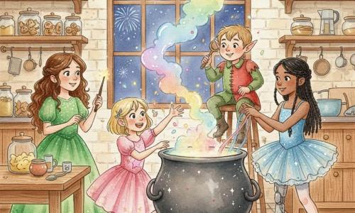 Quattro personaggi: una bambina di circa 10 anni con lunghi capelli castani e ricci, abito verde brillante con piccoli sequins, tiene una vecchia bacchetta di legno e guarda il calderone; una bambina di circa 9 anni con capelli biondi alla caschetto, abito rosa a stelle, ride mostrando una manciata di coriandoli verso l'elfo; una bambina di circa 11 anni con capelli neri intrecciati, portatrice di una protesi alla gamba e con un tutù blu scintillante, versa un nastro colorato nel grande calderone; un piccolo elfo maschio dal viso rotondo e orecchie appuntite, costume rosso e verde logoro, è sul tavolo o su una sedia alta dietro il calderone e agita una paletta di legno sorridendo maliziosamente. Ambientazione: cucina calda e accogliente con muri in mattoni chiari, mensole in legno con barattoli di biscotti e lucine, ampia finestra che mostra un cielo notturno con fuochi d'artificio lontani, pavimento in piastrelle antiche; situazione: tutti e quattro preparano la magia di Capodanno attorno a un grande calderone fumante al centro, scena vivace con gesti in movimento, coriandoli volanti, vapore multicolore e scintille, espressioni gioiose e atmosfera festosa e magica alla vigilia del conto alla rovescia.