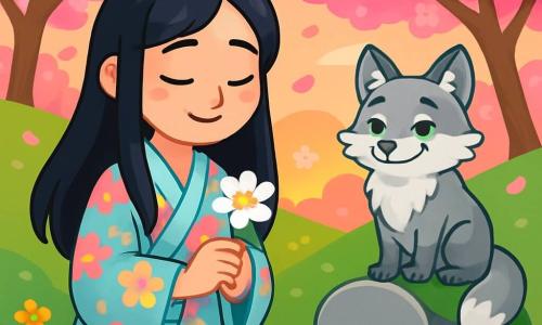 Kobieta o imieniu Yuki, około 30-letnia, z długimi, lśniącymi czarnymi włosami, ubrana w kwiecisty kimono w pastelowych kolorach, stoi z delikatnym, wzruszonym uśmiechem na twarzy, trzymając w dłoniach białą kwiat. Obok niej stary lis o figlarnych oczach i srebrzystym futrze, obserwujący Yuki z życzliwością, stoi na kamieniu pokrytym mchem. Sceneria znajduje się na zielonym wzgórzu, gdzie kwitnące wiśnie delikatnie kołyszą się na wietrze, a ich różowe płatki spadają jak śnieg. W tle niebo jest zabarwione na różowo i pomarańczowo, zapowiadając zachód słońca. Główna scena pokazuje Yuki z błyszczącymi oczami pełnymi czułości, kładącą kwiat na grobie swojego dziadka, otoczoną dzikimi kwiatami i złotym światłem, symbolizującymi miłość i pamięć.