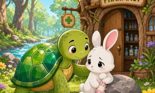 La tortuga principal es una pequeña tortuga de caparazón verde brillante con motivos en mosaico, rostro redondo y expresión serena que camina despacio y apoya una pata junto a un conejito blanco herido con orejas rosadas y una pata vendada sentado junto a una piedra; en el fondo, una lechuza sabia observa desde la puerta de una farmacia rústica; la escena ocurre en un claro soleado del bosque con césped, flores y un arroyo, ambiente tierno, cálido y pacífico, colores pastel, contornos simples y composición centrada apta para niños.