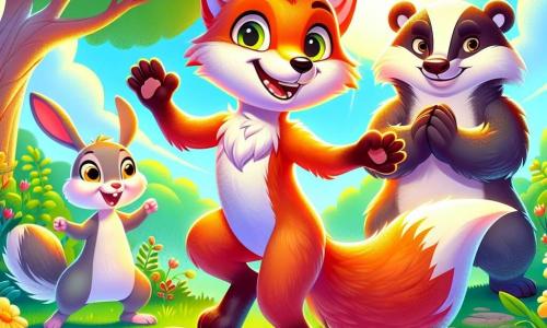 Un giovane volpe dal pelo flamboyant, di nome Foxy, danza gioiosamente in una radura soleggiata, i suoi occhi brillano di felicità e la sua coda svolazza dietro di lui. Accanto a lui, una giovane coniglia dalle grandi orecchie, Luna, sorride con entusiasmo, le sue zampe posteriori pronte a saltare, mentre un tasso robusto, Max, applaude con orgoglio, i suoi occhi brillano di sostegno. Sullo sfondo, un grande albero con foglie verdi brillanti e fiori colorati circondano la scena, creando un'atmosfera gioiosa e accogliente. Foxy, Luna e Max partecipano a un torneo di giochi, incoraggiandosi a vicenda in un'atmosfera festosa e amichevole.