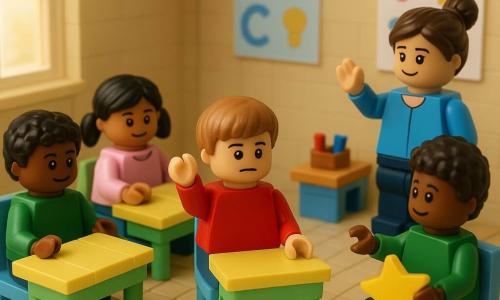 Un bambino di 6 anni, capelli castano chiaro tagliati a caschetto, espressione timida ma determinata, sopracciglia leggermente aggrottate e labbro inferiore contratto, è seduto a un banco giallo e alza la mano destra dolcemente; una bambina di circa 6 anni (Sara), capelli neri in due codine, sorriso gentile, seduta alla sua sinistra lo guarda e fa un piccolo gesto di incoraggiamento; un bambino di circa 6 anni (Amir), capelli ricci scuri, tiene una grande gomma a forma di stella e, seduto di fronte nella disposizione a U, indica con lo sguardo l'astuccio ritrovato vicino alla sua sedia; la maestra, donna sui 30 anni con capelli castani raccolti in uno chignon, espressione calma e benevola, è in piedi davanti alla classe con la mano leggermente alzata per indicare il turno di parola. Aula in diorama LEGO: banchi a U in colori pastello (blu, verde, giallo), tappeto rotondo con motivo di foglie verdi al centro, poster colorati di lettere e numeri alle pareti, una scatola aperta di pennarelli e matite rosse/blu su un tavolo, finestra con luce soffusa, pavimento piastrellato chiaro; scena centrale: il momento preciso in cui il bambino alza la mano per chiedere la parola, atmosfera calda e ordinata, colori vivi, trame a mattoncino visibili, messa in scena focalizzata sulla mano alzata che crea un piccolo ponte tra alunno e maestra.