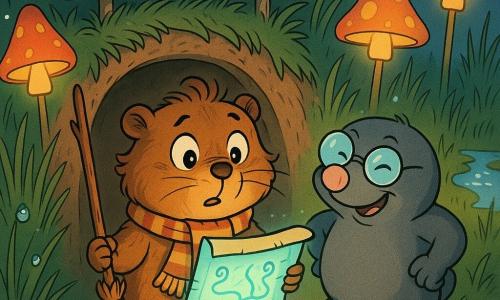 Una marmota pequeña y redondeada, pelaje marrón cálido con reflejos dorados y bigotes en forma de comilla, expresión curiosa y algo preocupada, ojos grandes y brillantes; sostiene un viejo pergamino plegado que emite un resplandor azul verdoso, lleva una pequeña bufanda a rayas y un cepillo de ramitas, de pie frente a la entrada de su madriguera. Tito el topo, personaje secundario bajo y recio de pelaje gris y gafas redondas, está a la derecha y algo detrás, con un brazo en la cadera y mirada traviesa y alentadora. El pergamino muestra tres caminos dibujados en tinta azul y letras danzantes; su luz ilumina los rostros. Escena: claro del 