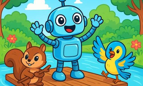Un piccolo robot brillante, chiamato Robi, con occhi tondi e scintillanti, si trova su una zattera di legno nel mezzo di un dolce fiume. Sorride entusiasta, con le braccia di metallo sollevate come se stesse dirigendo un'avventura. Accanto a lui, uno scoiattolo birichino di nome Nocciola, con pelliccia marrone e occhi maliziosi, tiene un piccolo ramo, pronto a remare, mostrando un'espressione di determinazione. Dall'altra parte della zattera, un piccolo uccello colorato di nome Piuma, con piume gialle e blu, batte le ali con eccitazione, cantando gioiosamente. Il luogo è un giardino lussureggiante, con fiori vivaci di tutti i colori, alberi maestosi e un cielo blu chiaro, punteggiato da nuvole bianche e soffici. La scena principale mostra Robi e i suoi amici che navigano sul fiume, circondati da risate e gioia, mentre affrontano una leggera ondulazione, pronti a scoprire le meraviglie dall'altra parte.