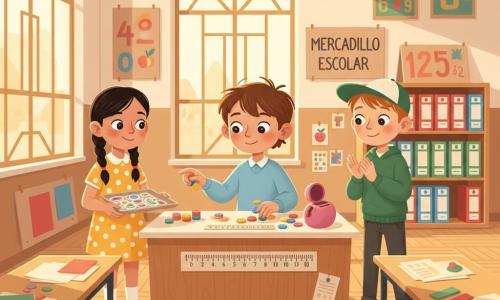 Hay tres niños: Lucas (7 años), cabello castaño despeinado, tez clara, con suéter celeste y pantalón beige, sentado detrás de un pequeño mostrador de madera con una recta numérica pegada, contando fichas de colores y entregando monedas de plástico; Sofía (7 años), cabello negro en dos trenzas, vestido amarillo con lunares blancos, a la izquierda del mostrador sonriendo y sosteniendo una bandeja de pegatinas en forma de fruta; Dani (7 años), cabello castaño corto, gorra al revés y sudadera verde, a la derecha del mostrador aplaudiendo suavemente y con una hucha rosa abierta. El lugar es un aula luminosa con grandes ventanas, mesas en U con papeles de colores, carteles que indican "MARCADILLO", estantería con fichas rojas, azules y verdes, suelo de parquet claro y una alfombra frente al mostrador. Situación: un pequeño mercadillo escolar donde Lucas, como cajero, da el cambio con fichas usando la recta numérica; los tres interactúan con concentración y ánimo, ambiente cálido, colores pasteles vivos, contrastes suaves y detalles gráficos nítidos.