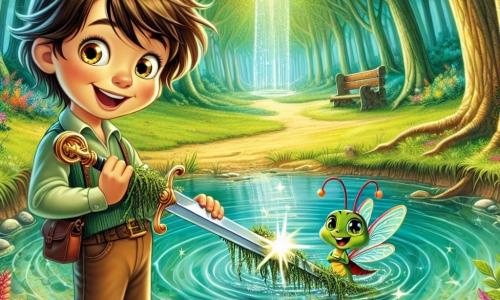 Lucas, un niño de nueve años con cabello castaño despeinado y ojos dorados brillantes de emoción, se encuentra al borde de un remolino de agua clara, sosteniendo una espada brillante cubierta de algas. Tiene una gran sonrisa en su rostro, mostrando su alegría por haber encontrado el tesoro escondido del Gran Bosque Mágico. A su lado, Leo, un grillo imaginario con una pequeña gorra roja y ojos vivos, salta de alegría, sus alas translúcidas brillando a la luz del sol. Está posado sobre el hombro de Lucas, cantando una melodía de victoria, con una expresión llena de entusiasmo. El lugar es un hermoso bosque, con grandes árboles de hojas verdes brillantes, rayos de sol filtrándose a través de las ramas, y un pequeño arroyo serpenteante que crea un suave murmullo. Flores coloridas bordean el camino, añadiendo un toque de magia al entorno. La escena principal muestra a Lucas descubriendo la misteriosa espada mágica bajo el agua, rodeado por la belleza del paisaje, mientras Leo celebra su increíble aventura, creando una atmósfera de asombro y camaradería.