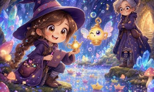 A joyful young apprentice witch, about 9, round face with freckles, brown braided hair with glitter and a slightly crooked pointed hat, eyes wide and mischievous, holding a small flashing magic lamp and a notebook; a small living lamp companion (Glowy), chibi lamp with a winking eye and tiny light wings, floats by her pocket shooting colorful sparks; the witch mentor, a kindly woman about 45 with grey hair in a bun and starry socks, stands at the cave entrance smiling with pride; the scene is a luminous cave lined with blue and green crystals, soft moss floor, a mirrored pool reflecting hundreds of tiny reflections, strings of glowing mushrooms and twinkling stalactites; the apprentice has accidentally triggered a rain of paper boats and glowing confetti that drift across the pool while musical notes and colored bubbles fill the air; overall pastel luminous colors, soft cuddly textures, golden highlights and purple teals, composition focused on wonder and gentle humor.