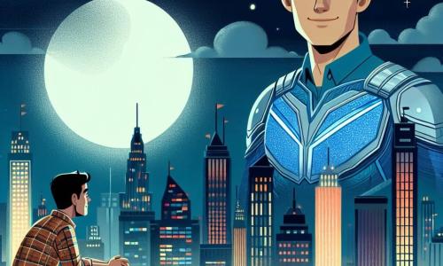 No centro da imagem, um homem chamado Miguel, o super-herói Névoa, está em um telhado com vista para a cidade de Metropolis. Ele tem cabelos castanhos e olhos penetrantes, vestindo um traje azul e prateado que brilha sob a luz da lua. Seu rosto expressa uma determinação calma enquanto observa a cidade abaixo, pronto para agir. À sua direita, Lucas, um amigo de Miguel de cerca de 30 anos, está sentado na borda do telhado. Ele tem cabelo curto e uma barba bem aparada, vestindo uma camisa xadrez e jeans. Ele olha para Miguel com admiração, segurando uma xícara de café, compartilhando um momento de cumplicidade. O fundo da imagem mostra um panorama de Metropolis, com arranha-céus iluminados, néons coloridos e uma leve névoa que envolve a cidade, criando uma atmosfera misteriosa e mágica. A cena principal mostra Miguel refletindo sobre seu papel de super-herói, enquanto Lucas conversa com ele, destacando sua amizade e apoio mútuo.