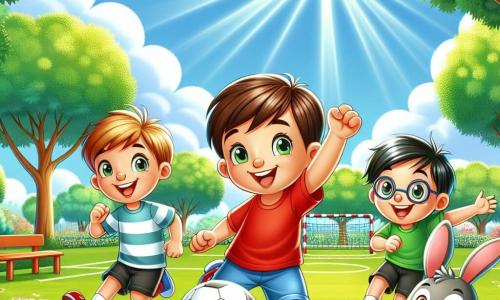 Em um parque ensolarado, três meninos estão jogando futebol. Lucas, um garoto de 8 anos com cabelos castanhos e olhos brilhantes, veste uma camisa vermelha e um short azul, pronto para chutar a bola. À sua direita, Pedro, um menino de 9 anos com cabelos loiros e óculos, sorri levantando os braços, pronto para celebrar um gol. À esquerda, João, um garoto de 7 anos com cabelos negros e uma camiseta verde, corre em direção à bola com um grande sorriso no rosto. O parque é verdejante, com grandes árvores e flores coloridas ao redor do campo. O céu azul claro está acima deles, e o sol brilha, criando uma atmosfera alegre. No primeiro plano, Toto, um coelho mágico com orelhas longas e coloridas, salta feliz segurando um balão de futebol. Os meninos parecem se divertir juntos, mostrando o espírito de equipe e a alegria do jogo.