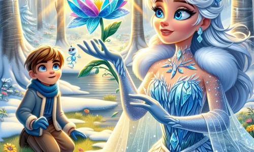 A Rainha da Neve, uma jovem de longos cabelos prateados e olhos azuis gelados, está no centro da cena, com o rosto cheio de admiração e determinação. Ela usa um vestido cintilante feito de cristais de gelo que refletem a luz como estrelas. Suas mãos estão estendidas em direção a uma linda flor que emerge da neve, simbolizando renascimento. Ao seu lado, Kai, um garoto de cerca de 10 anos, com cabelos castanhos e olhos brilhantes, observa a Rainha com admiração. Ele veste um casaco de lã azul e luvas, agachado perto de uma pequena criatura de gelo que desperta, acrescentando um toque de magia à cena. O cenário é uma clareira encantada, cercada por árvores majestosas com troncos prateados e folhas verdes vibrantes, onde a neve derrete lentamente para dar lugar a flores coloridas. Raios de sol passam pelas ramas, iluminando a paisagem com uma suave luz dourada. A cena principal mostra a Rainha da Neve descobrindo a beleza da vida que renasce ao seu redor, enquanto usa sua magia para fazer a terra florescer, simbolizando esperança e transformação em um mundo outrora congelado.