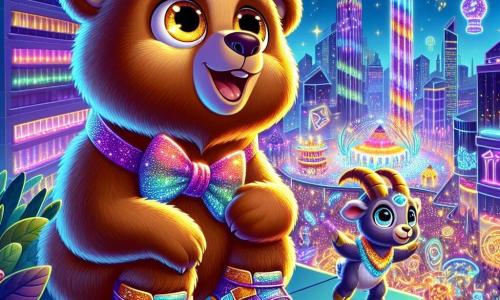 Um urso pardo com pelagem brilhante e sedosa, com olhos dourados cintilantes de curiosidade, está em cima de um telhado, usando patins luminosos que brilham sob os néons. Ele observa maravilhado uma cena mágica, com um sorriso largo iluminando seu rosto. Ao seu lado, um cabrito de três olhos, vestido com uma gravata-borboleta colorida, salta alegremente, suas orelhas pontudas vibrando de excitação, enquanto segura uma xícara de chá flutuante. Ao fundo, a cidade de Lúmenpolis se desenrola, com arranha-céus de fachadas cintilantes, hologramas dançantes e lanternas flutuantes que iluminam a noite. A cena principal mostra o urso e o cabrito observando um festival mágico, onde dragões miniaturas dançam e pombas de pedra cantam, criando uma atmosfera de alegria e encantamento.