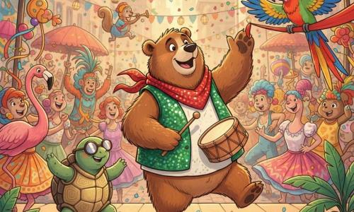 Oso Ocho, un gran oso pardo de pelaje suave, viste un chaleco verde con lentejuelas y un pañuelo rojo; alegre y concentrado, toca un pequeño tambor de madera y hace un paso de baile en el centro de una tarima colorida. A la izquierda, una tortuga redonda con gafas espejo sonríe tímidamente y sigue los pasos levantando una pata; a la derecha, un loro de plumaje arcoíris aplaude inclinando la cabeza sobre una banderola roja. Al fondo, una multitud de animales disfrazados (flamencos con faldas, monos con pelucas, ardillas con trompetas) ríe y baila entre confeti y serpentinas. La plaza empedrada está iluminada por faroles colgantes, carrozas decoradas y sombrillas rojas; el suelo salpicado de estrellas de papel azul. Situación: Oso Ocho dirige una sencilla coreografía de cuatro tiempos para el carnaval, la multitud lo imita entre risas y movimientos de cintas, con una atmósfera festiva y luz dorada de tarde. Estilo: tinta colorida, trazos nítidos, textura de papel, colores saturados, detalles de tela, lentejuelas y confeti visibles.