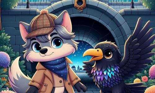 Léo, um pequeno lobo detetive com pelagem suave e sedosa, usa um chapéu de detetive com um pompom. Ele exibe uma expressão determinada, com os olhos brilhando de excitação, enquanto está diante de uma entrada de túnel misterioso, iluminada pela luz da lua. Ao lado dele, Olívia, uma corvo com penas brilhantes e grandes olhos curiosos, bate as asas com entusiasmo, pronta para se aventurar no desconhecido. Ela tem um sorriso encorajador, olhando para Léo com admiração. O local é um parque urbano encantado, onde flores coloridas crescem ao redor da entrada do túnel, enquanto estrelas cintilam no céu noturno. Sombras dançam nas paredes do túnel, criando uma atmosfera mágica e intrigante. A cena principal mostra Léo e Olívia se preparando para entrar no túnel misterioso, determinados a resolver o mistério dos gnomos desaparecidos, com uma aura de aventura e magia ao seu redor.