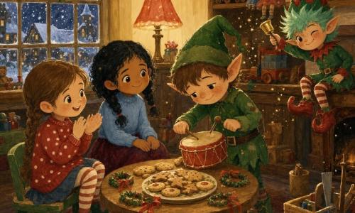 Four characters in a warm toy workshop on Holly Lane: Pip, a shy five-year-old elf boy with pale freckled skin, short brown hair and a worn green outfit, stands center slightly leaning forward tapping a small red drum; Sprig, a mischievous tiny elf the size of a large cat with round face, mint-spiked hair, red-and-green pompom hat and shiny pointed shoes, perches on a right-hand shelf winking and shaking a small golden bell that sprinkles gold dust; Mia, six, with light brown braided hair, a red polka-dot sweater and striped tights, sits left of the circle smiling and softly clapping while holding a plate of cookies; Noor, six, with black curly hair in two braids, a pale blue sweater and velvet skirt, sits beside Mia with hands on her knees encouraging Pip. Interior: cream-painted wooden walls, a large paned window showing falling snow, shelves of wooden dolls, toy trains, toolboxes, paper garlands and an old clock on the mantle, warm golden lamp light. Scene: a circle of cookies and small ribbon crowns on a low table, Pip timidly playing a drum as Mia and Noor applaud and Sprig’s bell scatters golden sparks; magical gouache feel with visible brush textures, warm red, green and gold tones and soft contrasts.