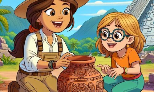 Un'archeologa appassionata, Sofia, è una donna di circa 30 anni, con lunghi capelli castani raccolti in una coda di cavallo. Indossa un cappello di paglia, una camicia a maniche lunghe e pantaloni pratici, e il suo viso esprime gioia ed eccitazione mentre scopre un grande vaso di terracotta. Accanto a lei, Maria, una giovane assistente di 20 anni, con capelli biondi e occhiali, osserva con meraviglia, tenendo un piccolo pennello in mano, pronta ad aiutarla a pulire il vaso. Il contesto è un sito archeologico in Messico, circondato da antiche rovine, palme verdi e montagne sullo sfondo, sotto un cielo blu intenso. La scena principale mostra Sofia e Maria, chine sul vaso, con terra intorno a loro, mentre lavorano insieme per rivelare le magnifiche decorazioni del vaso maya, creando un'atmosfera di avventura e scoperta.
