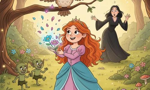 A young teenage princess with flaming red curly hair, a round freckled face and a brave joyful expression holds glowing blue and pink flowers and appears to toss sparkling petals skyward; Oliver the owl, an old wise brown-and-white male with big round eyes, perches on a branch above watching kindly with half-spread wings; the green goblins Grizzle and Fizzle are small, mischievous but friendly—one making faces, the other jumping to distract the witch—left of the princess in comic motion; the witch Malvina, a tall adult woman in a flowing black dress with dark hair, looks surprised and slightly frightened as she recoils while the flowers' light envelops her; the setting is a secret clearing with soft grass, rows of gem-like glowing flowers, colorful mushrooms, twisted trees and floating fireflies; golden light from the flowers creates sparkling reflections; main scene centered on the princess using magical flowers to drive away the witch’s shadow, warm pastel colors, rounded features, soft textures and clear outlines suitable for young children.