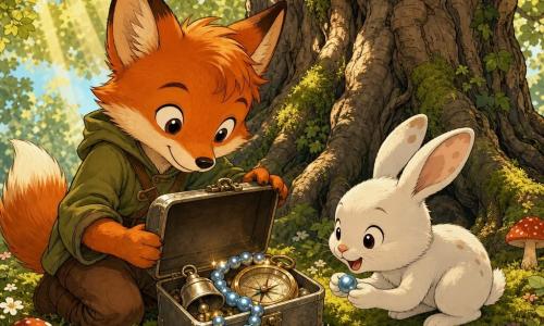 A young anthropomorphic fox with flaming red-gold fur, large readable expressions, an amazed gaze and gentle smile kneels and slowly opens a small metal box on a mossy carpet; a small white bunny with soft slightly spotted ears, round bright eyes and an impatient yet joyful posture crouches to the right, holding a blue bead and looking at the box; the wooded clearing under an ancient oak with a thick fissured trunk, tangled roots, textured green leaves and thin golden sunbeams has a mossy floor dotted with small flowers and red mushrooms with white spots; the open box reveals a blue pearl bracelet, a small silver bell and an old shiny brass compass—soft mood, warm colors, emphasis on shiny details and natural textures.