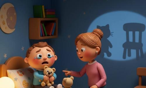 A 2-year-old boy with a round face, rosy cheeks and large moist eyes, initially fearful then reassured, holds a beige teddy close while sitting on a bed with colorful covers; his mother (about 30, chestnut hair in a bun) kneels to his right, smiling gently and pointing at shadows—a cat-shaped shadow and a chair shadow—comforting him. A small teddy with felt eyes sits on the bed as if listening. A warm round nightlight on the left bedside table casts soft long shadows. The small, cozy room has midnight-blue walls with painted stars, a paper moon, a wooden shelf with colorful books and a wooden chair in the background. The mood is tranquil and soothing with warm colors around the bed and soft blues elsewhere. Visual style: clay-model look with molded textures, visible seams, soft lighting, rounded compositions and simple shapes.