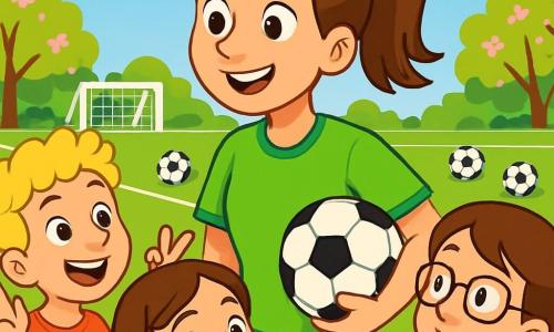 Een jonge vrouw, Sofie, staat centraal in de afbeelding, glimlachend en vol energie, met kastanjebruin haar in een paardenstaart. Ze draagt een felgroen voetbalshirt en zwarte shorts, en houdt een voetbal onder haar arm. Haar ogen stralen van opwinding terwijl ze zich voorbereidt om haar passie met de kinderen te delen. Om haar heen luisteren verschillende kinderen van ongeveer 8 tot 10 jaar aandachtig. Een jongen met blond krullend haar, in een rode t-shirt, steekt enthousiast zijn hand op. Een meisje met bruin gevlochten haar, in een stippenjurk, glimlacht en maakt een overwinninggebaar. Een andere jongen, met een bril en een blauwe t-shirt, kijkt Sofie met bewondering aan. De scène speelt zich af op het schoolvoetbalveld, omringd door groen, met bloeiende bomen en een stralende blauwe lucht. Witte lijnen markeren het veld, en voetballen liggen verspreid. Sofie praat met de kinderen, legt de basisprincipes van voetbal uit en moedigt hen aan om plezier te hebben tijdens het spelen. De sfeer is vrolijk en dynamisch, vol enthousiasme en gelach.