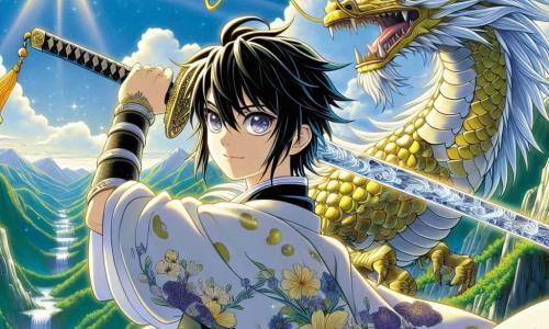 Hiroshi, um jovem com cabelos negros como a noite e olhos brilhantes como estrelas, está no topo de uma montanha majestosa. Seu rosto expressa determinação, enquanto ele empunha a magnífica Espada de Kusanagi, uma espada com reflexos prateados que brilham ao sol. Ele veste uma armadura leve decorada com padrões florais, simbolizando a natureza e a liberdade. Ao seu lado, um dragão majestoso com escamas douradas e olhos sábios observa Hiroshi com orgulho, adotando uma postura protetora. Ao fundo, o céu azul brilhante está salpicado de nuvens brancas, com vales verdejantes e cachoeiras cintilantes. Hiroshi, com a força da lenda, se prepara para enfrentar seu destino, empunhando sua espada com coragem, pronto para partir em uma aventura para proteger seu mundo.