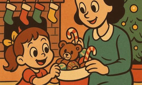 Inès, uma menina de 4 anos, está radiante de alegria, com grandes olhos curiosos e um sorriso brilhante. Ela está enchendo uma grande meia de Natal vermelha com brinquedos e doces. Sua mãe, uma mulher de trinta e poucos anos, está ao lado dela, sorridente e atenciosa, ajudando Inès a escolher os presentes. Elas estão em uma sala aconchegante, decorada com guirlandas luminosas e uma árvore de Natal cintilante. A lareira ao fundo está adornada com meias coloridas penduradas, prontas para serem preenchidas com surpresas. O ambiente é festivo e mágico, com cores vivas e detalhes alegres que capturam o espírito do Natal.