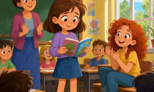 Ana, 8 años, rostro redondo, cabello castaño medio con un mechón rebelde, mirada tímida que se vuelve sonriente y ojos grandes y brillantes, sostiene un pequeño libro colorido abierto y lee de pie ante la clase; a su derecha Sofía, 8 años, cabello rizado y pelirrojo, sonrisa confiada, sentada en un banco junto a la ventana aplaude; la maestra (30–40 años) con cabello castaño en moño, mirada cálida y manos ligeramente alzadas en gesto de ánimo, está detrás de Ana junto al pizarrón; aula luminosa con grandes ventanas, paredes amarillo pastel, carteles del alfabeto y dibujos de niños colgados, pupitres de madera clara y pizarra verde; Ana lee en voz alta con luz suave en el rostro, compañeros desenfocados al fondo que escuchan y sonríen, ambiente cálido y alentador, colores vivos y trazos redondeados estilo dibujo animado de los años 90.