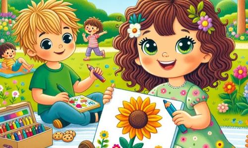 Uma menina de 4 anos, Lila, com grandes olhos brilhantes e cabelos cacheados castanhos, sorri alegremente segurando um desenho colorido de girassol nas mãos. Ela veste um vestido leve de flores e sandálias, sentada na grama verde do parque. Ao seu lado, um menino de 4 anos chamado Tomás, com cabelos castanhos bagunçados e uma camiseta verde, admira o desenho de Lila enquanto segura uma caixa de lápis de cor. O parque está cheio de flores vibrantes, grandes árvores com folhas verdes e um céu azul claro com nuvens brancas. Ao longe, crianças brincam e riem, criando uma atmosfera alegre e ensolarada. A cena principal mostra Lila e Tomás sentados juntos em uma toalha de piquenique, compartilhando lápis e biscoitos, enquanto riem e se divertem desenhando flores e árvores, simbolizando sua nova amizade durante as férias de verão.