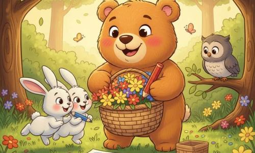 Bertje, een ronde zachte knuffelbeer karamelkleurig met een bruin neusje en een grote glimlach, houdt een gevlochten mand vol bloemen vast en kijkt verwonderd vooruit; links van hem twee witte konijntjes die aan de bloemen snuffelen, rechts een kleine grijze uil op een lage tak die de scène liefkozend bekijkt; de omgeving is een lentebosopen plek met groene grasmat, gele, rode en paarse bloemen, enkele vliegende vlinders en zonnestralen tussen loofbomen; hoofdgebeurtenis: Bertje en zijn vrienden hebben een "schat"-mand met bloemen gevonden, ze lachen, delen en tekenen samen op een groot vel dat op de grond ligt, warme en serene sfeer.