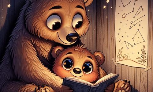 Bobby, a small brown bear with round, bright eyes, is snuggled up against his mother, displaying a mix of fear and curiosity. He has soft, fluffy fur, and his little paws are tucked underneath him. His mother, a large bear with darker fur, is smiling and reassuring, sitting beside him with an open book, her eyes sparkling with affection. The scene takes place in a cozy cave, illuminated by the soft light of a star-shaped nightlight, casting gentle shadows on the walls. Constellation drawings are visible on the cave walls, and a carpet of leaves covers the floor, adding a touch of comfort. In this main scene, Bobby, a bit scared of the darkness, listens attentively as his mother reads him a story, while the star light brightens their little snug corner, transforming the fear of the dark into a moment of tenderness and magic.