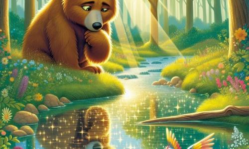 Ein großer Bär mit goldenem Fell und leuchtenden, ausdrucksvollen Augen steht am Rand eines glitzernden Baches und betrachtet nachdenklich sein Spiegelbild im Wasser. Er wirkt sowohl neugierig als auch melancholisch, als suche er Antworten auf seine inneren Fragen. In der Nähe sitzt ein kleiner Vogel mit bunten Federn und funkelnden Augen der Entschlossenheit, bereit zum Abflug. Er sitzt auf einem Ast und schlägt aufgeregt mit den Flügeln, bereit, seine Angst zu überwinden. Die Umgebung ist ein wunderschöner, grüner Wald, in dem die Sonnenstrahlen durch die Blätter filtern und Licht- und Schattenspiele auf den Boden werfen. Bunte Wildblumen schmücken die Landschaft und verleihen der Umgebung einen Hauch von Magie. Die Hauptsituation zeigt den Bären, der sein Spiegelbild im Wasser betrachtet, während der Vogel, inspiriert vom Mut des Bären, sich auf den Weg zu neuen Horizonten macht, was die Suche nach Wahrheit und Freundschaft symbolisiert.